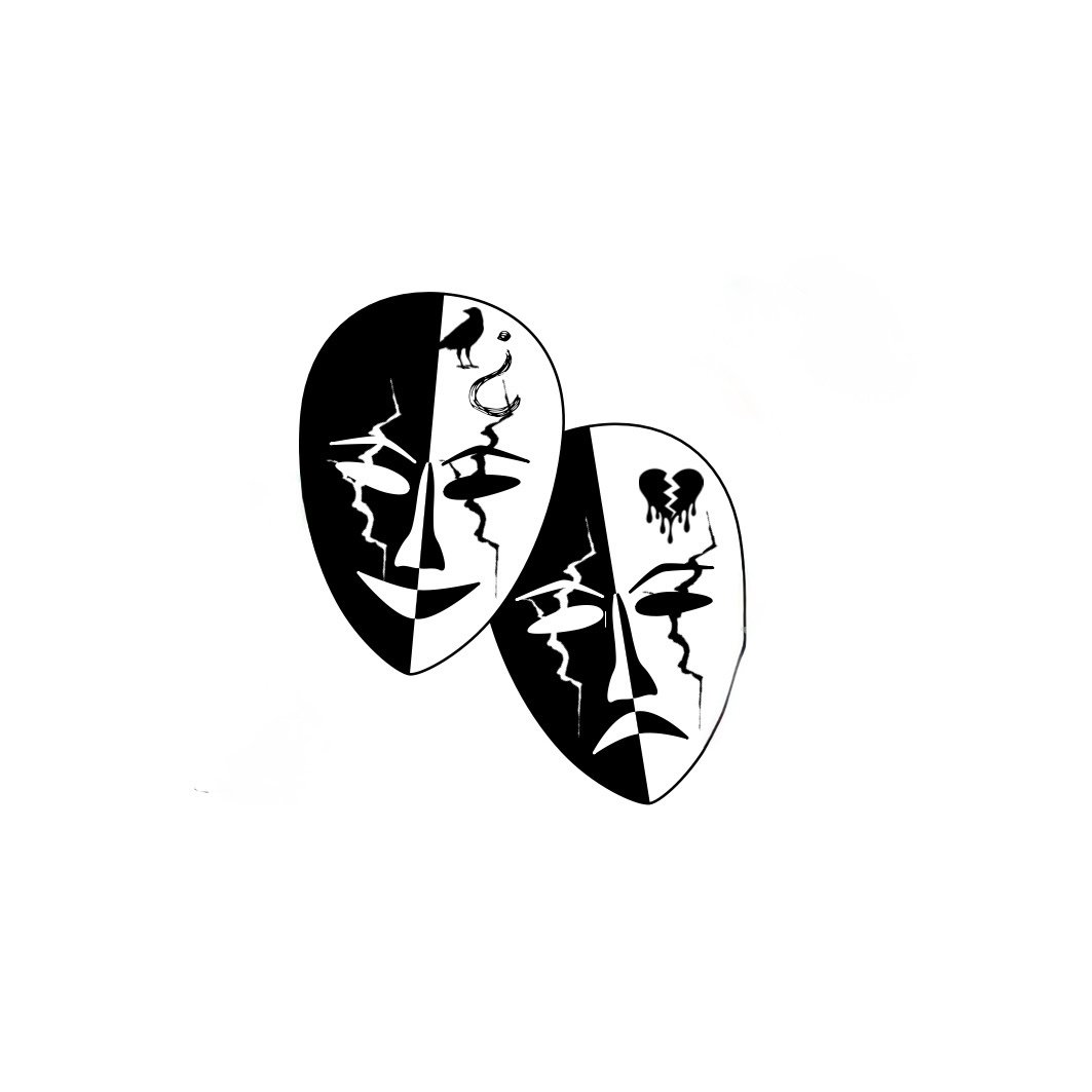 two masks on a white background, laugh now cry later, stranjwayz, skrillex, burial, Fred again, EDM festival, future garage , electronic music, electronic music producer 